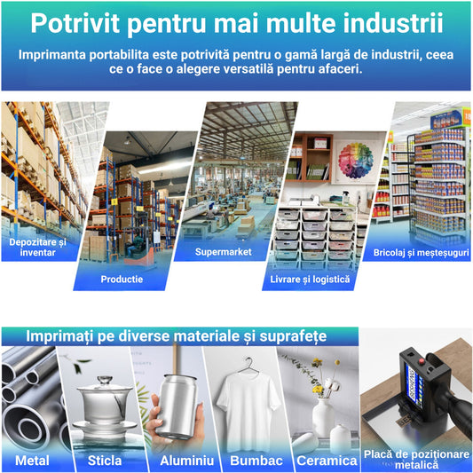 Imprimanta de mana portabila, tip Handheld, potrivit pentru suprafete multiple, coduri de bare, cartus de cerneala neagra integrat, dimensiuni inaltime imprimare 2-12.7 mm, Touchscreen